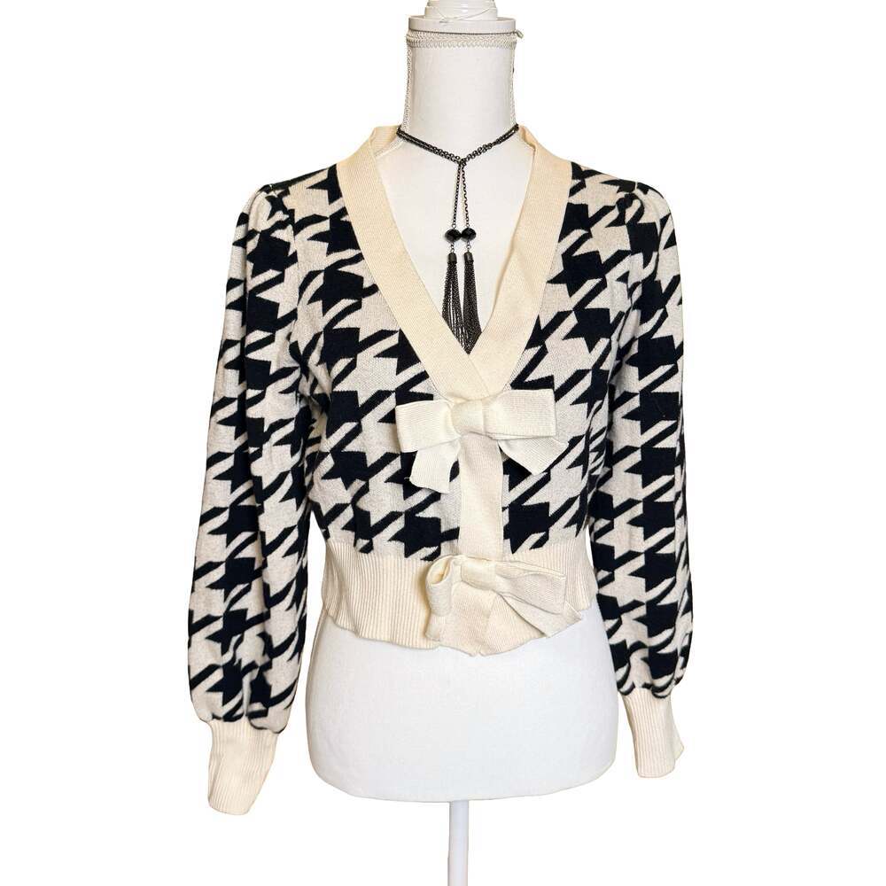 Express Houndstooth Bow Front Cropped Cardigan Size S